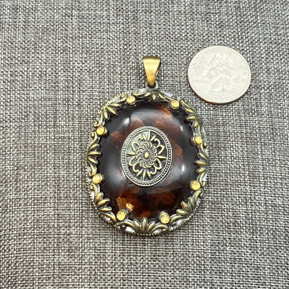 Vintage Bohemian Statement Pendant Amber Indian Tribal Brass Resin Rhinestone - Picture 7 of 7